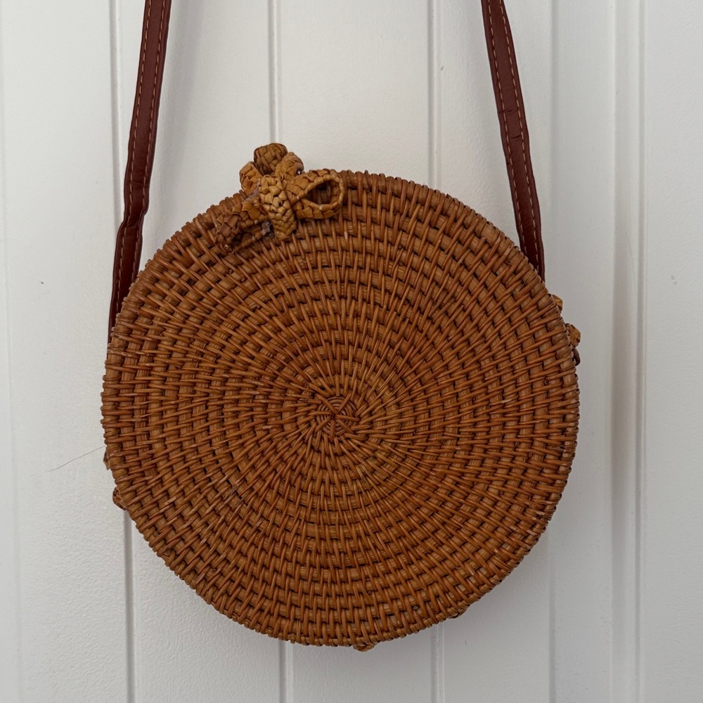 Brown Woven Round Crossbody Bag